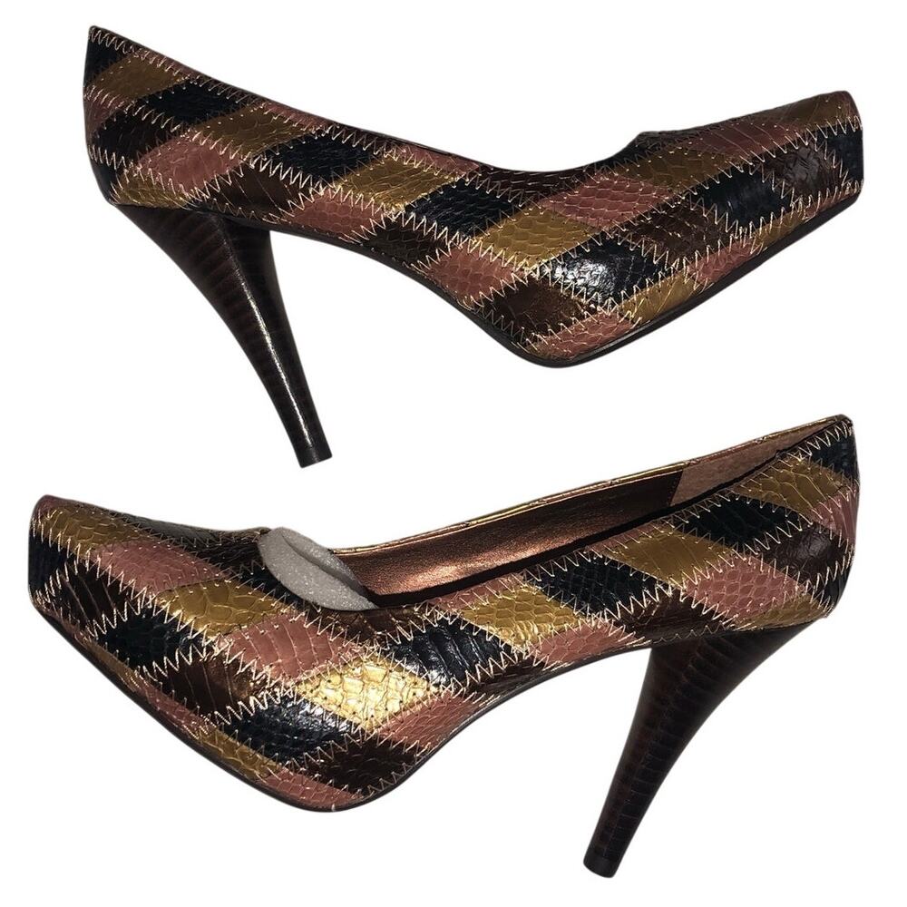 Chinese Laundry Ready Patchwork Leather Pointed Toe Pumps Size 8 Heels Brown
